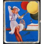 A hallmarked sterling silver 1929 cigarette case, with pictorial image to front of a young lady.