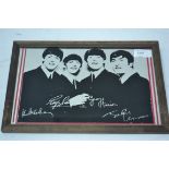 A vintage small Beatles advertising mirror, depicting all four Beatles and signatures.