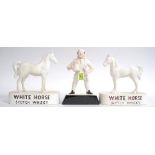 2 vintage 20th century White Horse Scotch whisky horse figurines on plinths together with jolly