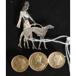 A silver Art Deco style brooch stamped 925 of a lady walking a dog together with a 3 coin Queen