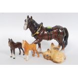 A Beswick cat group along with two Beswick fowls all stamped with a Leonardo Shire Horse