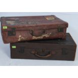 2 vintage 20th century gentlemans suitcases, one being canvas, the other faux brown leather,