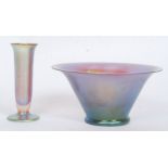 A beautiful Loetz style irridescent glass bowl of fluted form together with a matching single stem