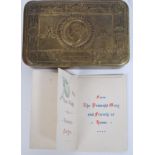 A World War One Christmas 1914 Queen Mary tin complete with Christmas Card in envelope