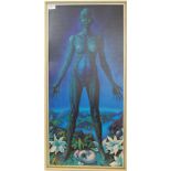 A retro print of a mysterious blue alien