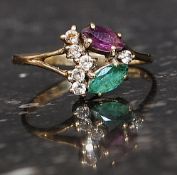 A 9ct gold hallmarked dress ring set with CZ green and purple gem stones in a floral spray.