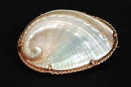 A 9ct gold mounted abalone shell brooch with rope twist trim. Stamped 9ct. Total weight 9.4g.
