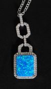 A ladies 925 silver cz and opal inset pendant necklace of square form having CZ stone inset