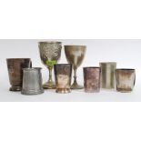 A collection of silver plated wares to include good Victorian goblet, measures,