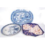 A 19th century Chinese Imari pattern meat platter together with 2 early blue and white willow