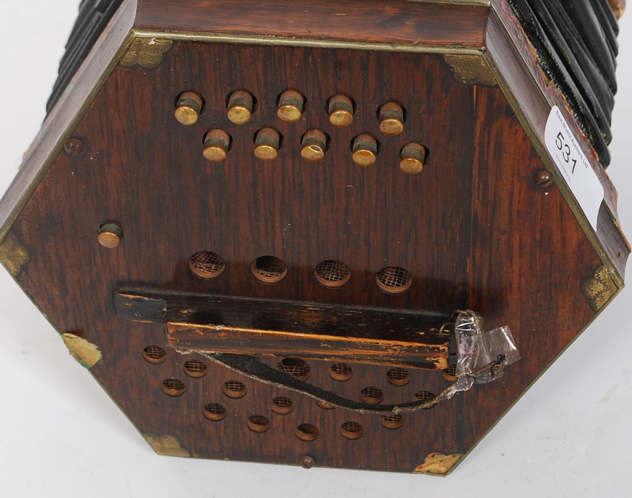 A vintage wooden squeeze box accordion instrument with central bellows and push buttons to both - Image 2 of 3