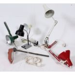 A collection of vintage anglepoise lamps to include red and green, white Herbert Terry style,
