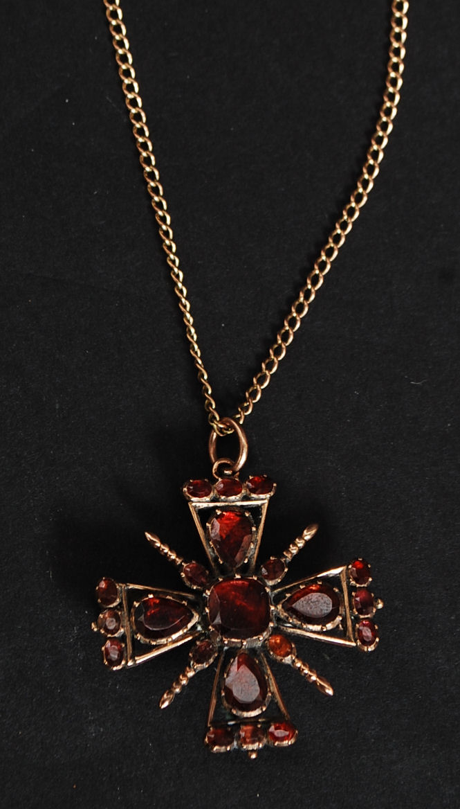 A 19th century 9ct gold ( tested ) ruby garnet Maltese cross pendant necklace,