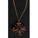 A 19th century 9ct gold ( tested ) ruby garnet Maltese cross pendant necklace,