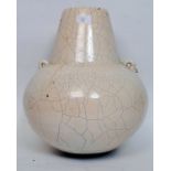 An unusual large 20th century studio pottery amphora having white crackle glaze with bulbous body