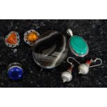 A collection of inset silver vintage ladies jewellery to include a  banded Botswana agate stone