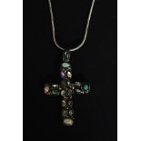 A contemporary silver Omega linked fine necklace and crucifix pendant with inset coloured stones.