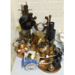 A pair of Carl Zeiss Jena 8x30 binoculars and a collection of metalware, wooden ornaments and