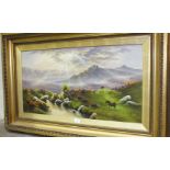 C Jewell?, 'Moorland scene with ponies beside stream', indistinctly signed oil painting on canvas,