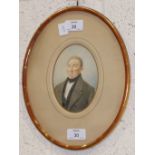 A 19th century oval watercolour portrait of a gentleman, unsigned, 13 x 9cm.