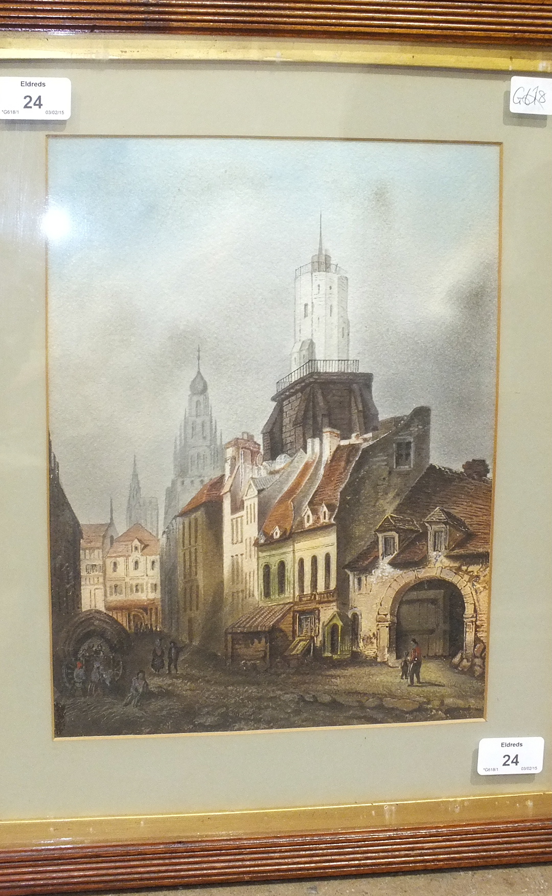 In the style of Samuel Prout, 'Market street scene with figures', unsigned watercolour, 31 x 23.