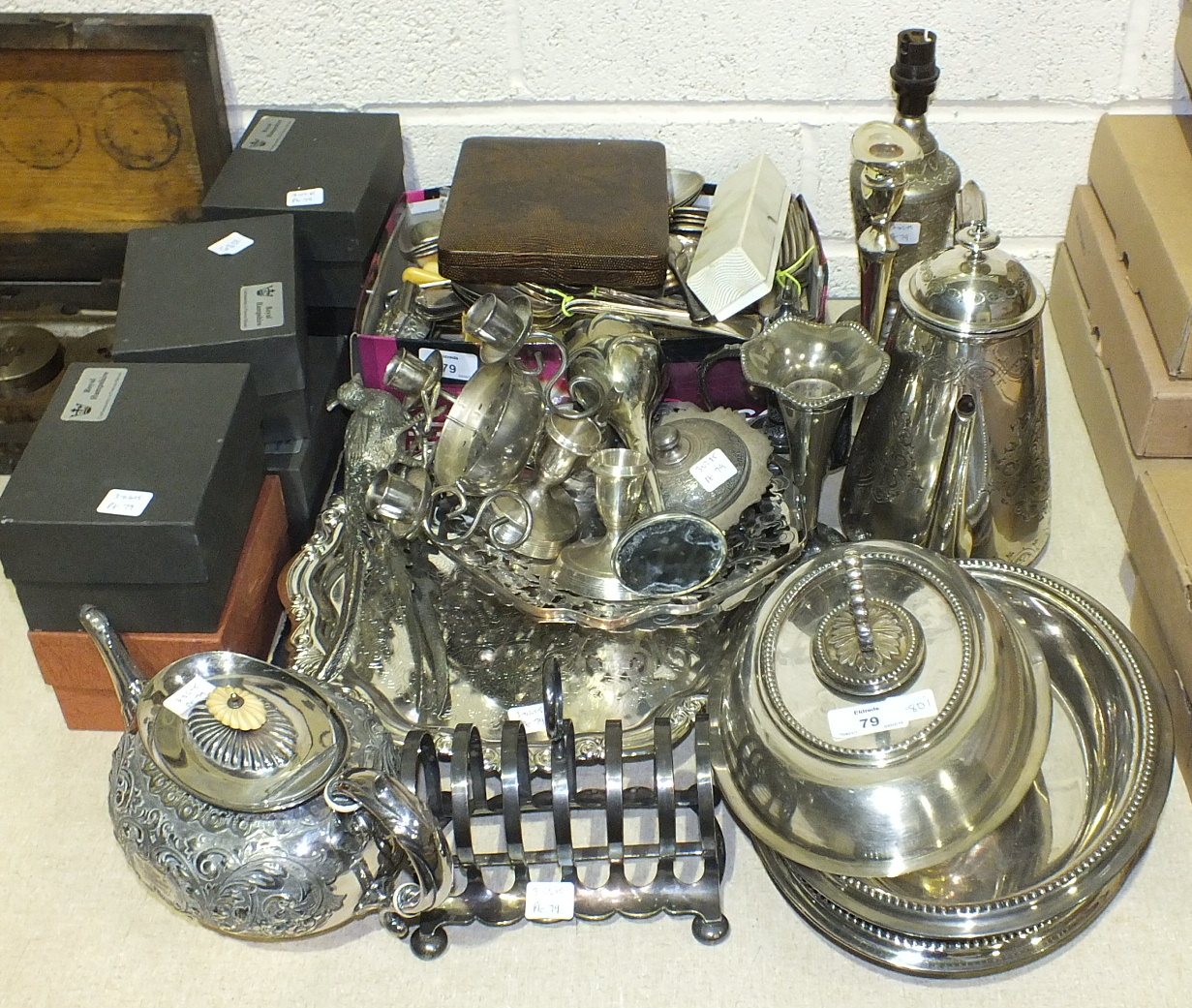 Two plated entrée dishes, plated cutlery and other plated and metal ware.