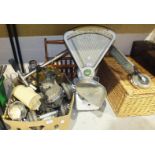 A set of Avery shop scales to weigh 3lb, various metal ware and miscellaneous items.