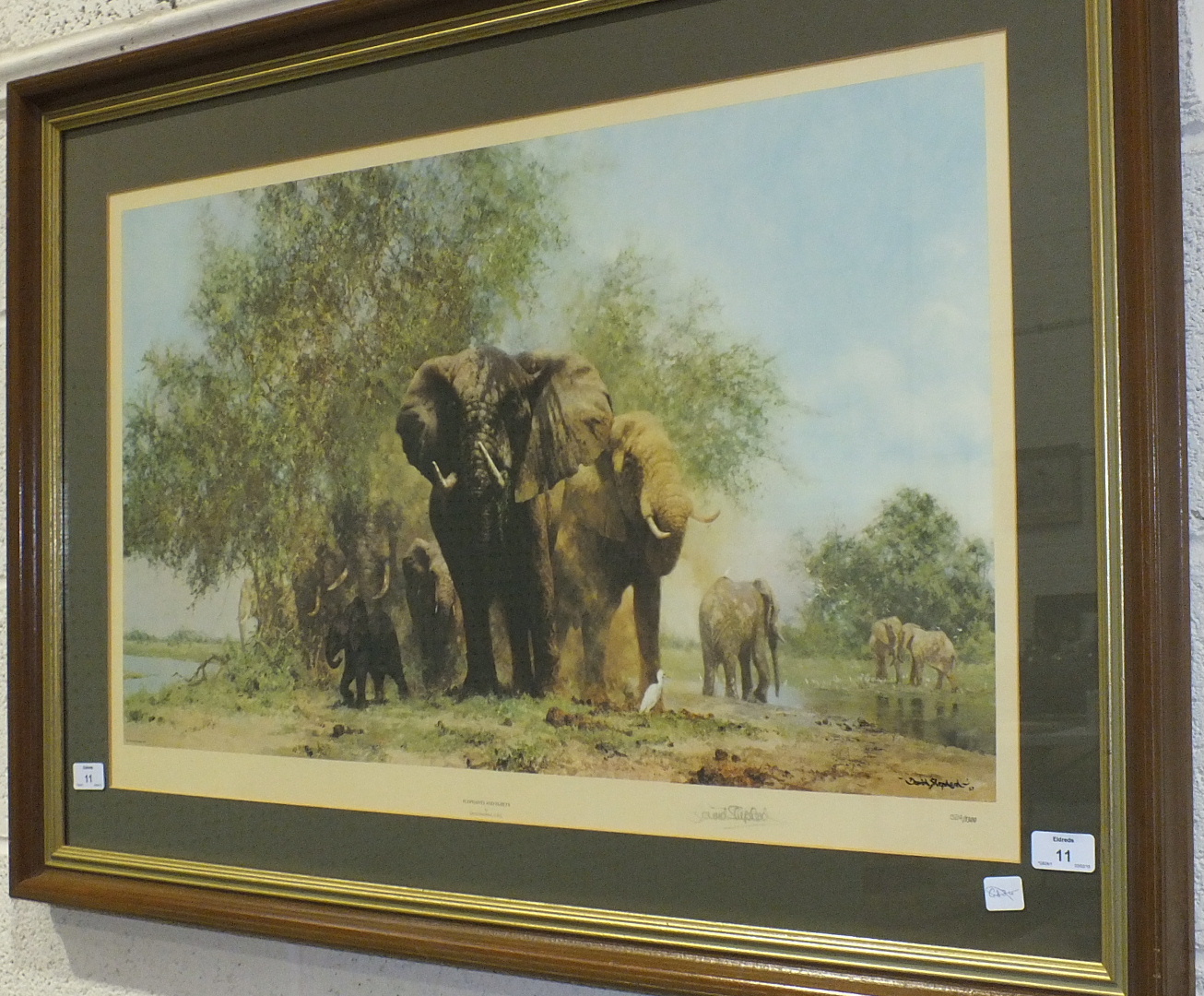 After David Shepherd, 'Elephants and Egrets', a limited edition coloured print, 47 x 78.5cm,