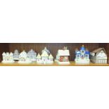 A collection of eight Coalport buildings, including 'Pagoda House', 'Twin Towers', 'The