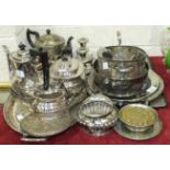 A plated four-piece tea service, a plated oval two-handled tray and other plated ware.