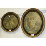 An oval framed coloured print of a shepherd and shepherdess with their flock, 32 x 26cm and a