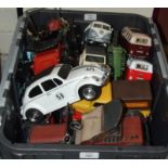 Seven modern tinplate models - two Minis, tractor, motorcycle, dormobile and two vintage cars,