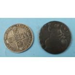 A George II 1758 shilling and a William III 1697 half-penny, (2).