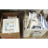 An accumulation of stamps on leaves, stockcards and loose contained in three boxes.