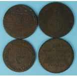 Four British 18th century tokens, including a copper halfpenny, obv the heads of Pitt and Fox