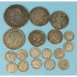 A George III 1819 LX crown, a Victoria 1853 Gothic florin, an 1885 half-crown and other later silver