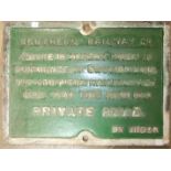 A cast iron Southern Railway sign: Southern Railway, Notice is Hereby given in Pursuance of