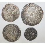 Four hammered silver coins, including an Edward I one penny, an Elizabeth I sixpence, an Elizabeth I