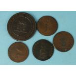 Five British 18th/19th century tokens, including 1812 Robert Blake, Norwich, Cotton and Bombazine