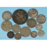 A Victorian 1892 crown, a Napoleon III 1867 silver 2 francs coin and other silver coins, (a/f).