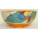 A Clarice Cliff Fantasque octagonal bowl in the 'Pebbles' pattern, 19cm diameter, (internal ware).