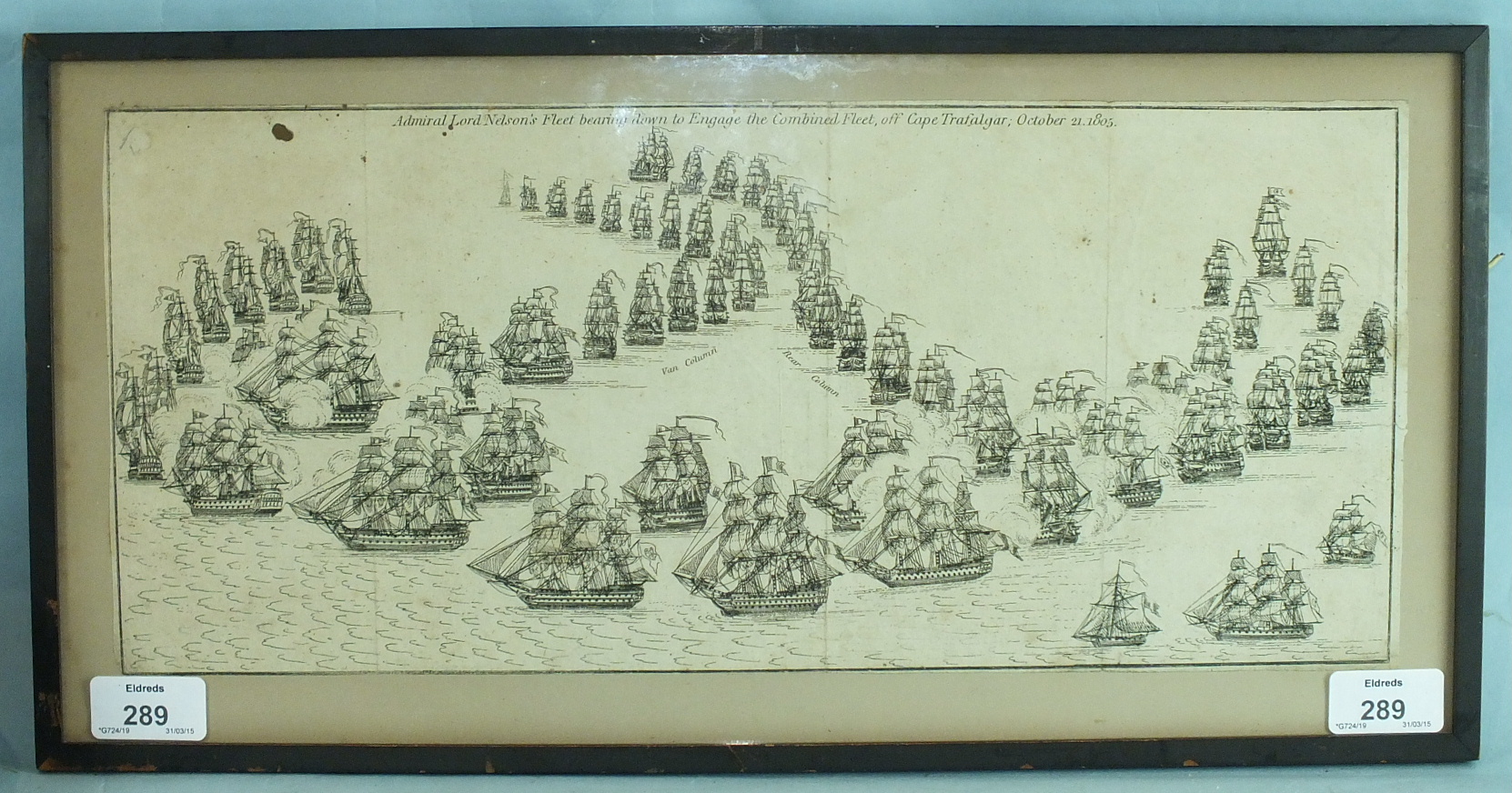 A copper engraving, probably a book plate, entitled "Admiral Lord Nelson's Fleet bearing down to