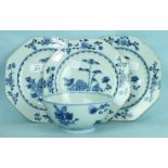 A set of three 18th century Chinese Export octagonal blue and white plates and an 18th century