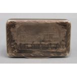 A 19th century Russian niello-work snuff box, engraved with buildings and chequer-work, 5.5cm wide.