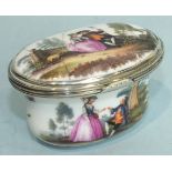 A 19th century Continental white-metal-mounted porcelain snuff box with gilt metal liner and painted