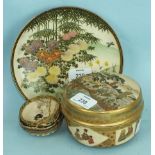 A Satsuma box and cover, with a saucer, two small bowl and a miniature vase.