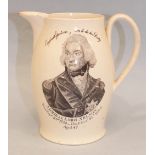 A creamware Admiral Lord Nelson commemorative jug, Battle of Trafalgar, (foot chipped).