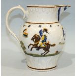 A Staffordshire Pratt-decorated military jug, Equestrian Cavalry, 15cm high, (hair crack).
