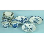 Three 18th century English porcelain saucers and two cups, (damages), (5).