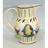 A pearlware Prattware moulded jug, Lord Jarvis, 13cm high, (cracked).